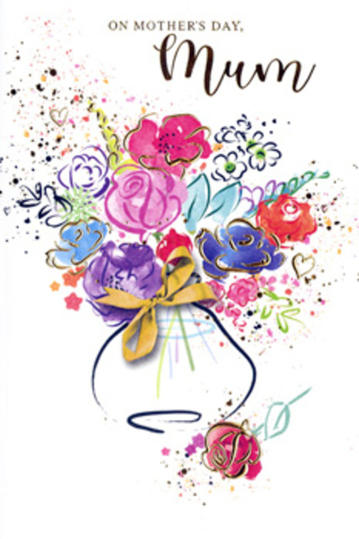 Artful Mother's Day card featuring an exuberant, watercolour bouquet, as if a florist in Cranham had captured their design in paint before arranging the real stems. At the heart of the illustration, generous, rounded blooms in hot pink, rose, and deep cerise create a focal point, their petals fluttering outward in loose, expressive strokes. Indigo outlines lend structure to the softness, sketching in the curves of petals and leaves without losing the spontaneity of the brushwork. Among these brighter tones, hints of apricot, peach, lavender, and cool blue slip through, giving the impression of a varied garden-style mix. Fine golden accents trace along petal edges and highlight small heart shapes scattered around the bouquet, creating a gentle, celebratory shimmer, like warm light across Cranham's peaceful streets at dusk. The flowers gather into a whimsical vase, its rounded body suggested with faint washes and finished with a slender golden bow that speaks of care and tradition. Around the arrangement, playful spatters and dots of colour drift toward the edges of the card, echoing petals tossed in joyful appreciation. The whole composition feels alive with gratitude and tenderness, much like presenting a hand-tied Mother's Day bouquet to a beloved mum. This illustrated card becomes a keepsake bouquet on paper, filled with emotion and designed to sit beautifully beside fresh flowers.