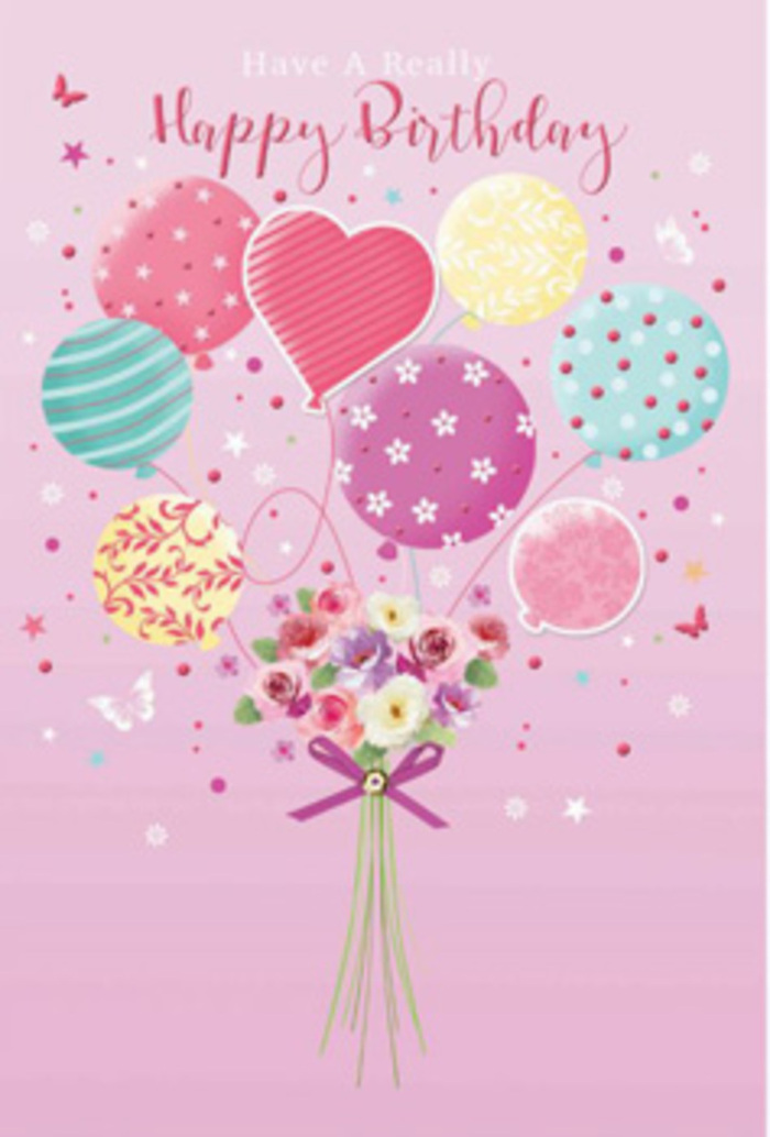 Gentle, celebratory birthday card illustration featuring a pastel cluster of balloons suspending a tiny hand-tied bouquet, rendered in tones that feel right at home in Cranham's peaceful atmosphere. The background is a smooth, muted pink wash, free of clutter, allowing the central design to shine like a little celebration hovering in the middle of the page. In the upper portion, rounded balloons in pale yellow, rosy pink, lavender, and soft teal gather close. Each balloon carries a distinct personality: some are dressed with slender, curling stripes that echo ribbons on a gift; others are sprinkled in playful polka dots; a few reveal graceful floral or swirl motifs, as if sketched with a fine artist's pen. The balloon strings descend toward the bottom of the image and appear to be anchored to a small, hand-tied bouquet of garden-style flowers. These blooms include petite roses and daisy-like blossoms layered in hues of cream, blush, and muted mauve, the petals shaded to look gently velvety and freshly opened, as though chosen from a local Cranham flower stall. Around the stems sits a shimmering purple bow, tightly knotted yet softly draped, with a sheen that suggests satin or organza. Scattered nearby are tiny butterflies and twinkling star shapes, giving an impression of birthday magic drifting on the air. Soft, even light illuminates the balloons and flowers, creating highlights on the glossy balloon surfaces and a subtle glow along the petal edges. It feels like a visual promise of a happy birthday, the kind of card that might accompany a hand-delivered bouquet to a home near Cranham's village centre or the leafy roads heading towards Upminster.