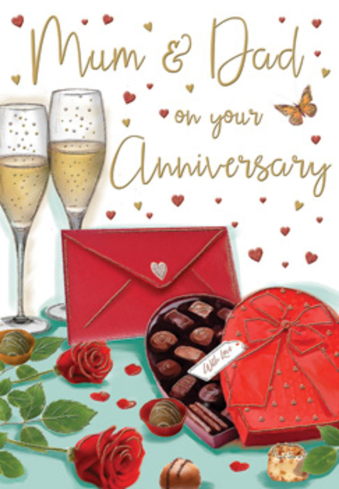 The anniversary card image is a beautifully orchestrated still life that could easily be imagined on a Cranham dining table prepared for a special evening. In the centre, two refined champagne flutes stand close together, each filled with a pale, golden sparkling wine. The illustrator has captured the upward drift of tiny bubbles, giving the glasses a sense of movement and anticipation, as if the toast for Mum and Dad is just about to begin. To one side, a heart-shaped box of chocolates becomes the visual anchor. The box is a deep, luscious red, adorned with an impressive satin bow whose folded loops and flowing ends catch soft highlights, adding dimension and richness. The lid lies open, revealing perfectly arranged chocolates of varying shapes and shades, each resting in its own dark paper cradle. In the foreground, two sumptuous red roses stretch across the scene, accompanied by glossy green leaves that evoke the skill of a florist who understands balance and texture. Their petals are full and velvety, curling outward in layers that suggest freshness and a subtle, classic fragrance. A bright scarlet envelope sits nearby, neatly sealed and angled just enough to draw the eye, hinting at an affectionate, handwritten anniversary message composed earlier in a quiet Cranham kitchen off Front Lane. Scattered chocolates have tumbled out onto the table, bringing a relaxed, lived-in quality to the composition. Delicate golden and crimson hearts float gently across the background, like confetti suspended in warm light. The interplay of shadows and highlights on glass, ribbon, and petals creates an atmosphere of cosy intimacy, a tender tribute to enduring partnership and family love.