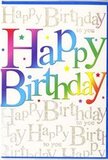 The birthday card pictured here feels like a miniature party, its front filled with colour and movement that would suit any joyful Cranham celebration. Spanning the centre of the card, the words Happy Birthday are written in broad, friendly letters, each one rendered in a rich gradient that flows smoothly from one hue to the next. Deep cranberry reds fade into fuchsia, then into violets and blues, continuing through lush greens and citrusy yellows, creating a continuous band of rainbow colour that seems almost to glow against the background. The letters appear softly shaded and slightly dimensional, suggesting a glossy print finish that would feel sleek under your fingertips. Scattered around this main greeting are tiny stars and lively specks in matching bright colours, like confetti caught mid-air at a party in a Cranham garden or community hall. Behind the bold lettering, the background remains calm yet intricate: a soft cream field adorned with rows of slender gold script, delicately repeating Happy Birthday to you in a flowing, cursive hand. The metallic ink shimmers subtly, catching the light in much the same way that evening sun reflects off windows along the streets around Cranham. This contrast between the vivid, youthful letters and the gentle, looping script behind them creates a feeling of layered celebration, combining playfulness with a quiet, heartfelt message. It is easy to imagine this card being tucked alongside a bright bouquet from Flowers Cranham, delivered to a doorstep in the local area and opening up to reveal wishes as warm and colourful as the card's joyful design.