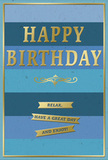This birthday card is shown as if it has just been placed on a sideboard in a Cranham sitting room, ready to greet the recipient with its soothing colours and thoughtful design. The main backdrop is composed of wide, perfectly horizontal stripes in varying shades of blue. The bottom stripes are deep and dark, gradually shifting through cooler mid-blues and teal into lighter, more delicate sky tones at the top, creating a gentle ombre effect that feels peaceful and expansive, much like the open skies above Cranham on a clear day. Centered across these layered blues is the phrase HAPPY BIRTHDAY, rendered in prominent gold capital letters. The text is embossed, giving each letter a raised, tactile quality, and the metallic finish gleams subtly when light falls across it. Just underneath the greeting, a refined golden flourish curves outward in a balanced, symmetrical pattern, adding a touch of classic elegance and acting as a visual bridge to the message below. Three slender gold banners rest in a neat line at the lower portion of the card, their surfaces reflective and smooth. On each banner, a warm, encouraging wish is printed: Relax, have a great day and enjoy! The wording feels like a gentle reminder to slow down and savour the moment, something that resonates with quiet Cranham afternoons. A slim gold frame encircles the entire front of the card, neatly containing the design and providing a sense of order. The card stock looks thick and smooth, with a matte finish that softens the blues and lets the gold details stand out. You can almost see this card paired with a fresh birthday bouquet delivered locally in Cranham, creating a calm yet joyful focal point for the celebration.