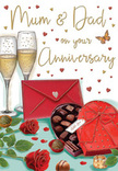 This anniversary card illustration feels like a heartfelt Cranham celebration distilled into a single, romantic moment. At its centre, two graceful champagne flutes stand almost touching, their clear glass brimming with golden fizz. The bubbles are drawn with fine detail, rising in delicate lines that sparkle softly, evoking the sound of a gentle clink before a loving toast. Just beside them rests a luxurious heart-shaped box of chocolates, coated in deep red and wrapped in an opulent satin bow, its wide loops and draping ends providing a sense of tactile richness. The lid is set ajar, revealing carefully lined chocolates nestled in their individual cups, each piece polished to a gentle sheen as if freshly unboxed. In the foreground, two lush red roses lie across a bed of glossy green foliage, reminiscent of a hand-tied bouquet from Flowers Cranham prepared for an anniversary surprise. Their velvety petals are layered and softly curved, with shadows adding depth and the suggestion of a light, classic fragrance. A vivid scarlet envelope, neatly sealed, sits like a quiet promise beside the chocolates, carrying a personal message for Mum and Dad waiting to be read in a cosy Cranham living room. Scattered chocolates dot the table surface, hinting at shared indulgence and relaxed conversation. Around the central arrangement, tiny hearts in warm gold and rich crimson drift across a pale background, creating a feeling of joyful celebration. Subtle highlights on the glass and satin ribbon give the impression of gentle indoor lighting, capturing the warmth, sweetness, and gratitude that define a well-loved anniversary.